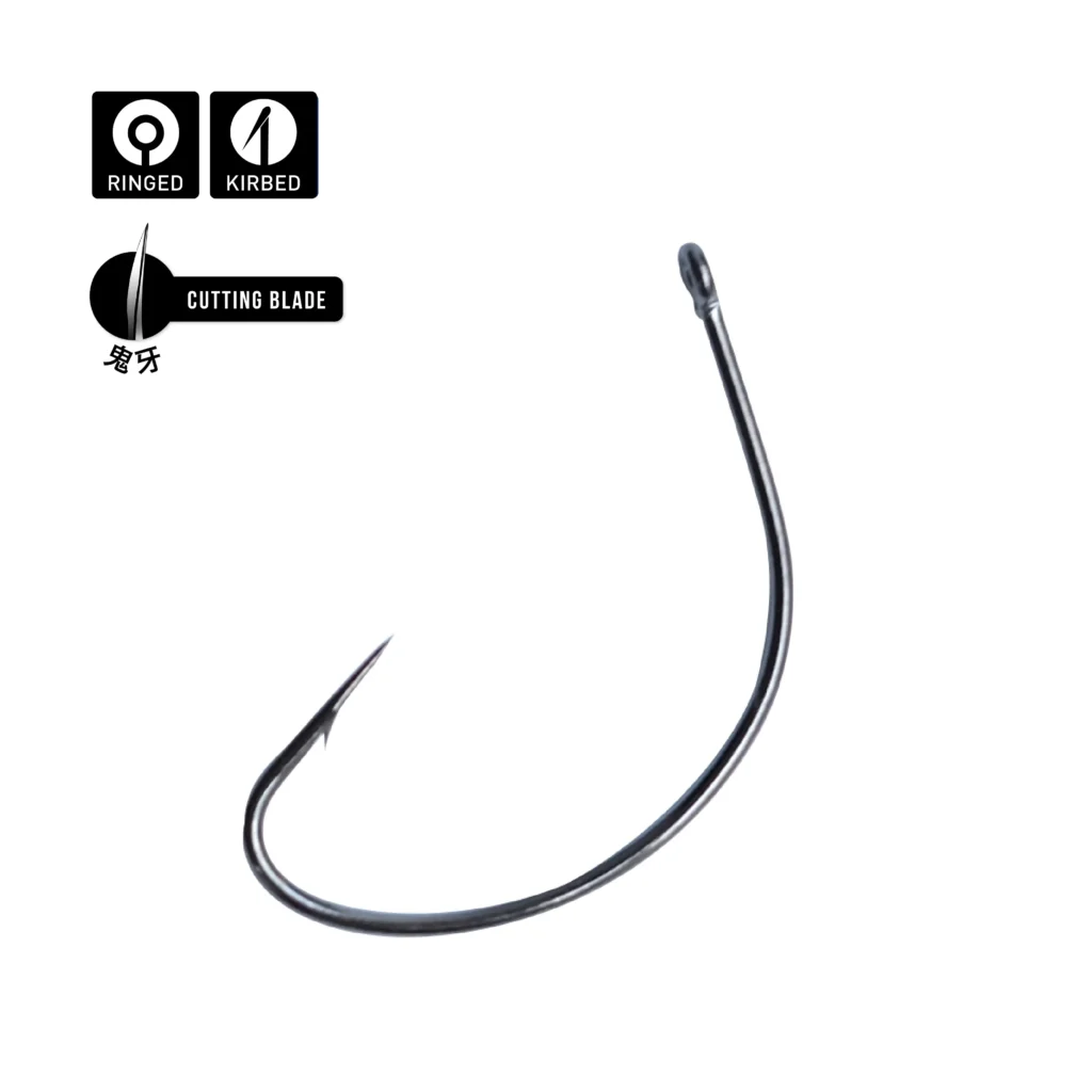 Wide gap fishing hook product photo for soft plastic lures and weedless hook rigging.
