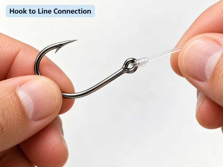 lose-up of a fishing hook attached to a fishing line connection.