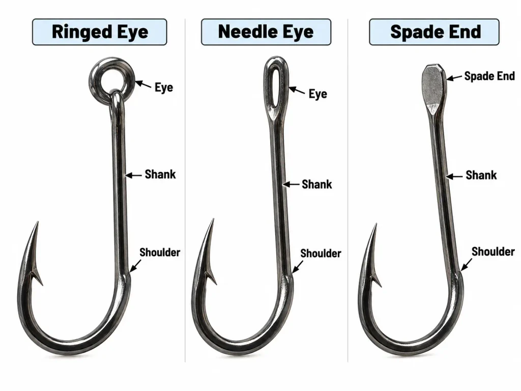 Comparison of fishing hook attachment points including ringed eye needle eye and spade end.