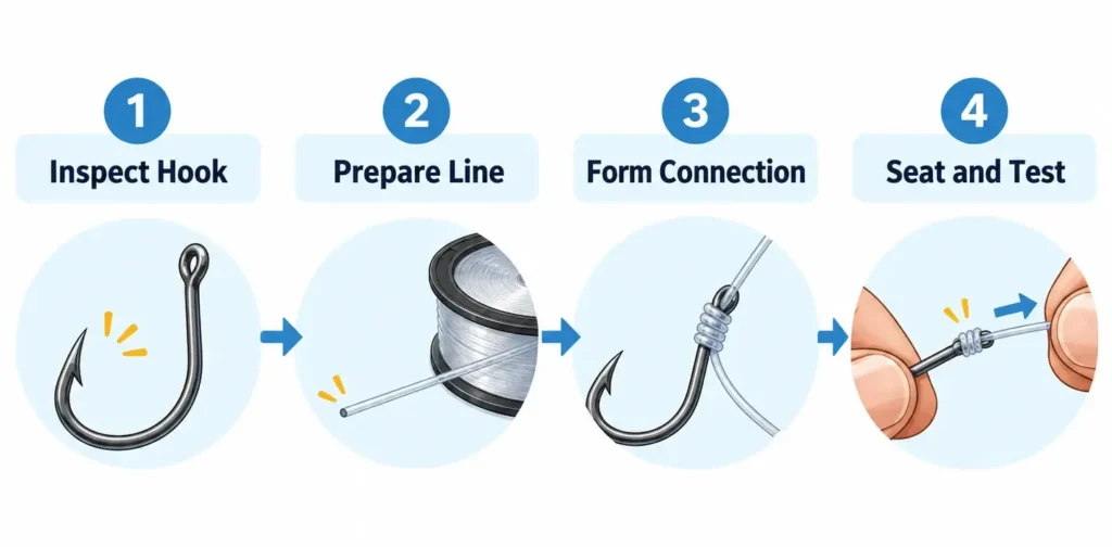 our steps for attaching a fishing hook to a line.