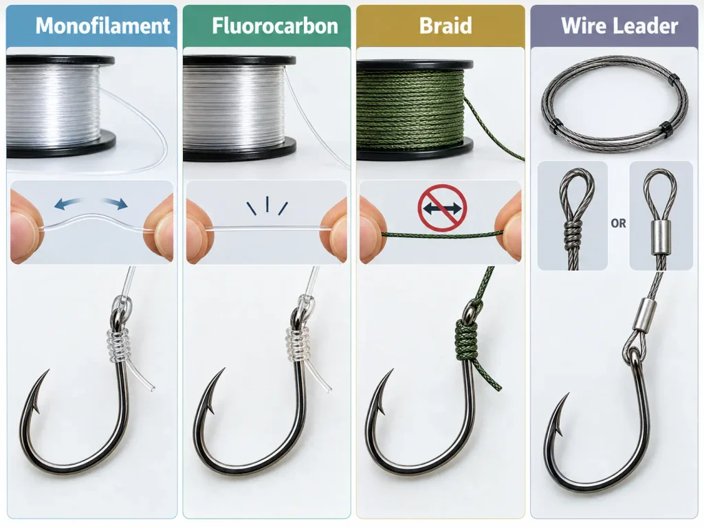 ishing line material comparison showing hook connection differences.