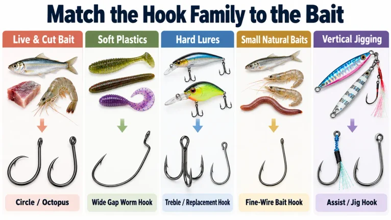 Fishing bait and hook pairing guide showing live bait, soft plastics, hard lures, small natural baits, and vertical jigging.