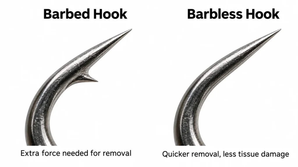 Side-by-side comparison of barbed hook and barbless fishing hook, showing difference in removal and tissue injury