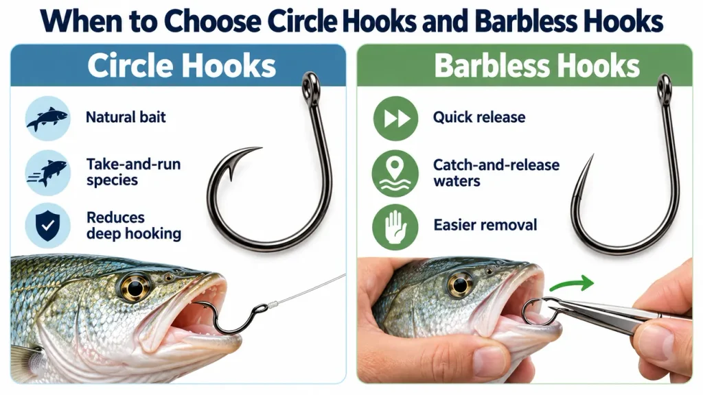 Circle hook and barbless hook comparison explaining bait fishing, deep hooking risk, and easier hook removal.
