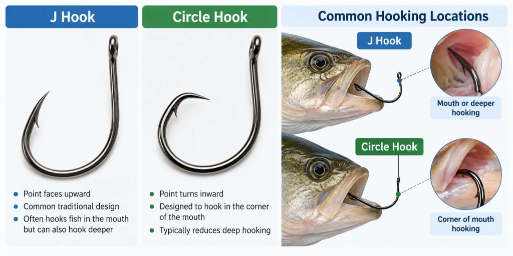 Comparison diagram of J hook and circle hook showing hook shapes and typical fish hooking locations
