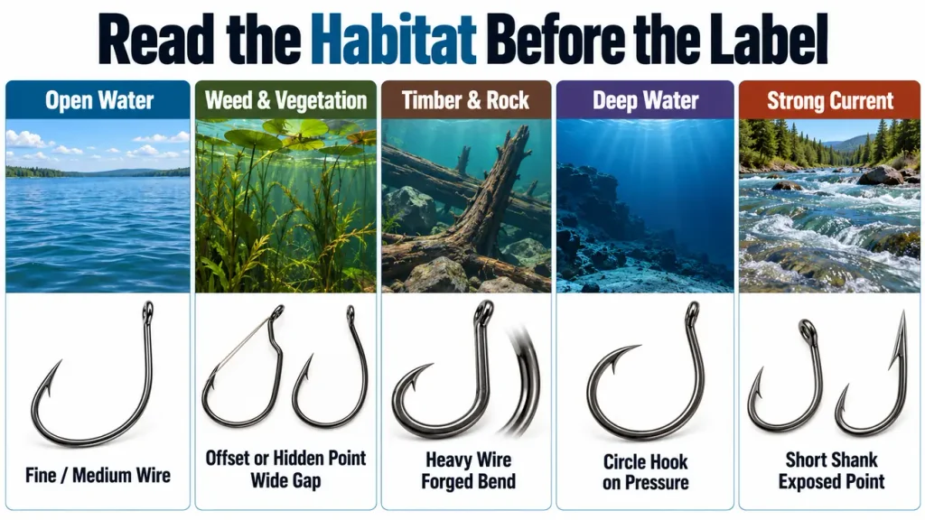  Infographic comparing fish feeding styles and matching fishing hook families, including circle, Aberdeen, J, and bottom bait hooks.
