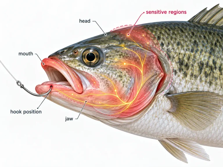 An anatomical illustration of a hooked fish head showing sensitive regions around the mouth, jaw, and head.