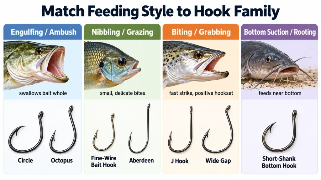 Habitat fishing hook selection infographic comparing open water, weeds, timber and rock, deep water, and strong currents.
