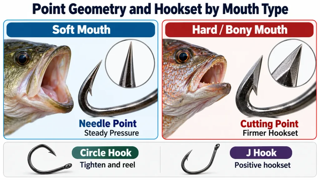 Hook point comparison illustrating needle points, cutting points, circle hooks, and J hook setting methods.
