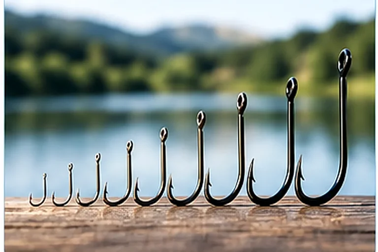 Fish hook size guide showing a row of fishing hooks with different shapes and sizes