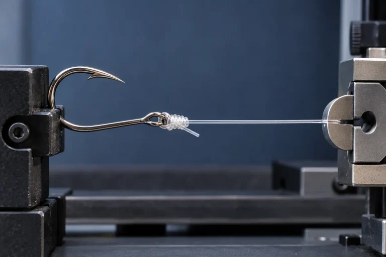 Fishing hook knot under tension between clamps in an illustrative strength test