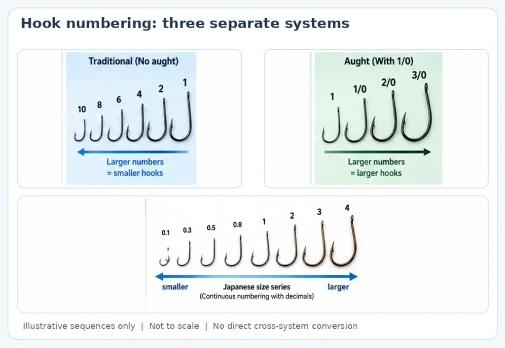 Traditional, aught and Japanese fishing hook numbering illustrated separately with no direct size conversion