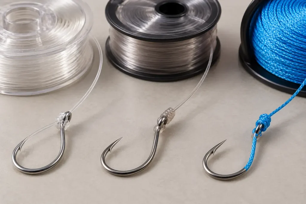 Monofilament fluorocarbon and braided fishing lines with tied fishing hooks