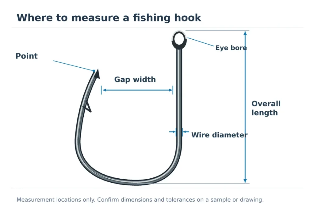 Fishing hook measurement diagram marking gap width, overall length, eye bore, wire diameter and point