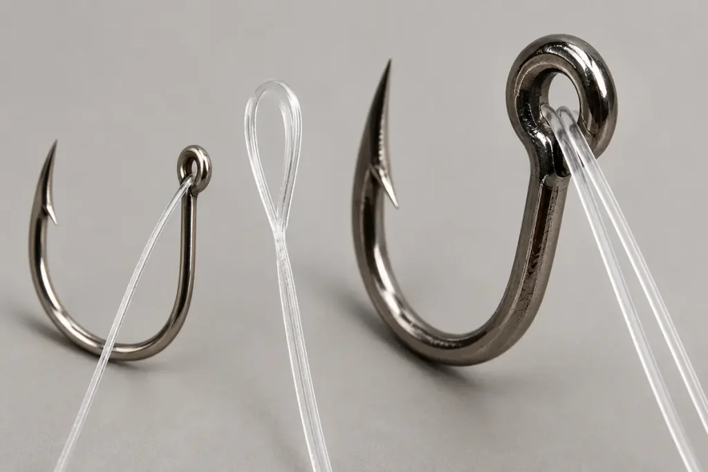 Small fishing hook eye with single line compared with a wide eye holding doubled line