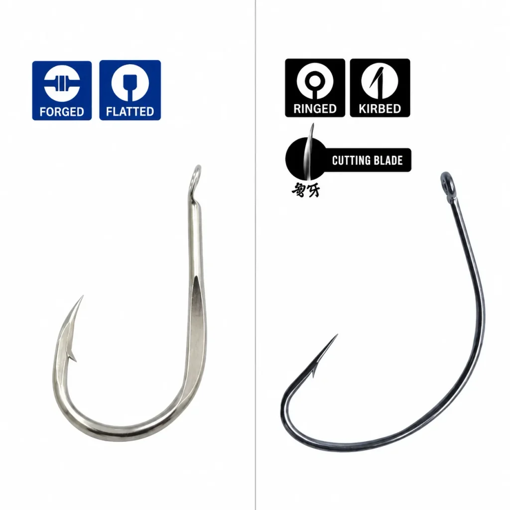Chinu forged fishing hook showing its shank, bend and point profile